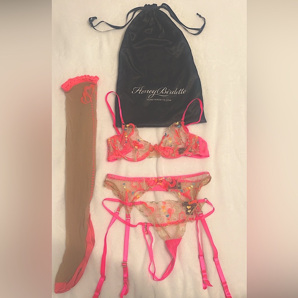 Honey Birdette stockings, garter, bra, and panty set